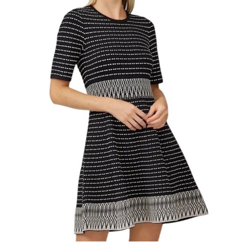Shoshanna Mesa Black Metallic Textured Knit Fit & Flare Short Sleeve Dress Small